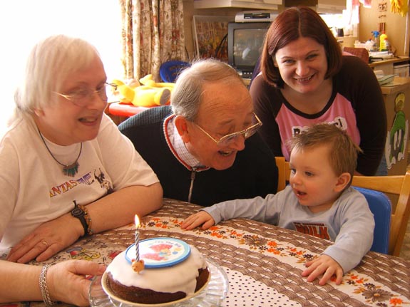 [At Nana and Grandad's, Tom sees his birthday cake!]